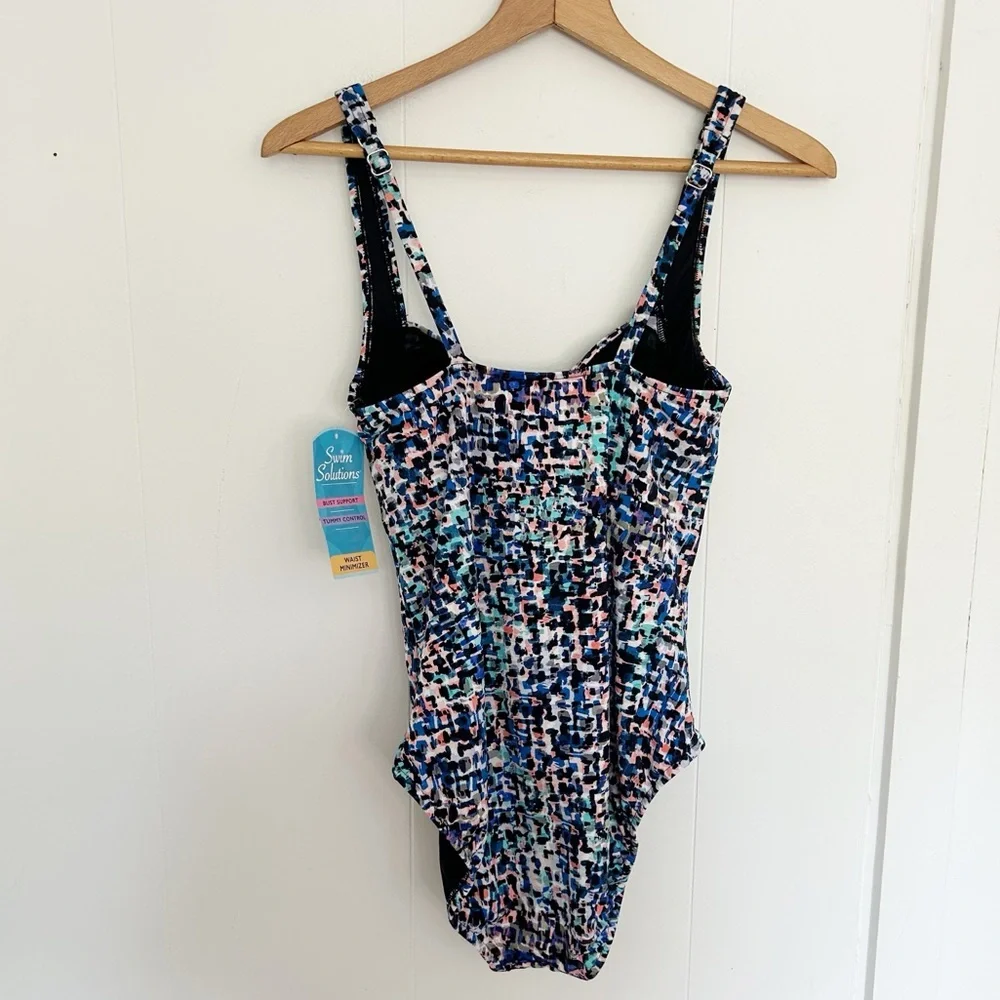 Swim Solutions Women Shirred-Front Tummy Control One Piece Swimsuit Sz 12 10598 - Picture 3 of 9